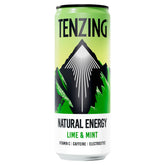 A 330ml can of Tenzing - Natural Energy Drink Lime & Mint, featuring a mountain graphic and labeled with vitamin C, caffeine, electrolytes—celebrated as a refreshing plant-based energy drink.